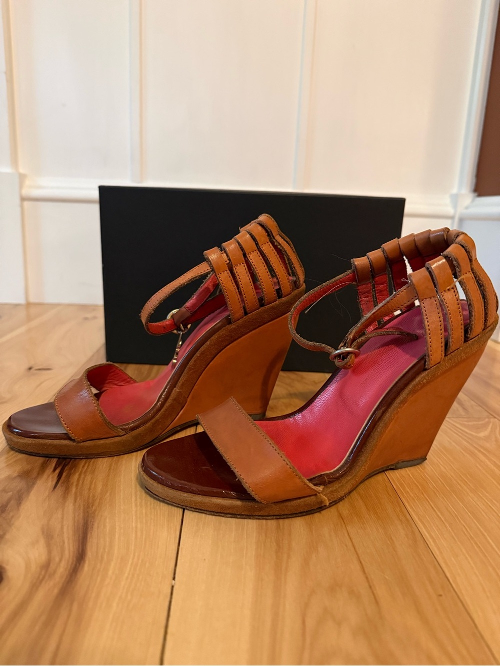 CNC Costume National Tan Brown Wedge Sandals with CNC charm